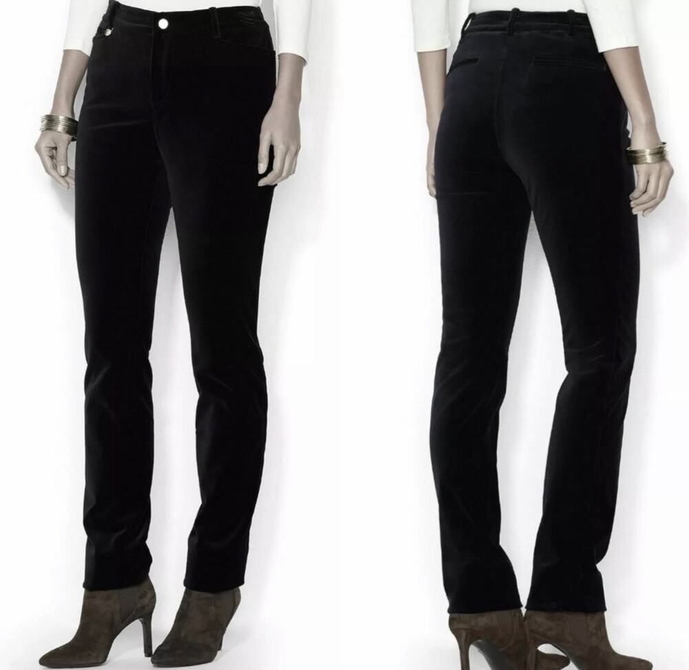 Ralph Lauren Black Velvet 5 Pocket Straight Pants Mid Rise Size 8 Stretch